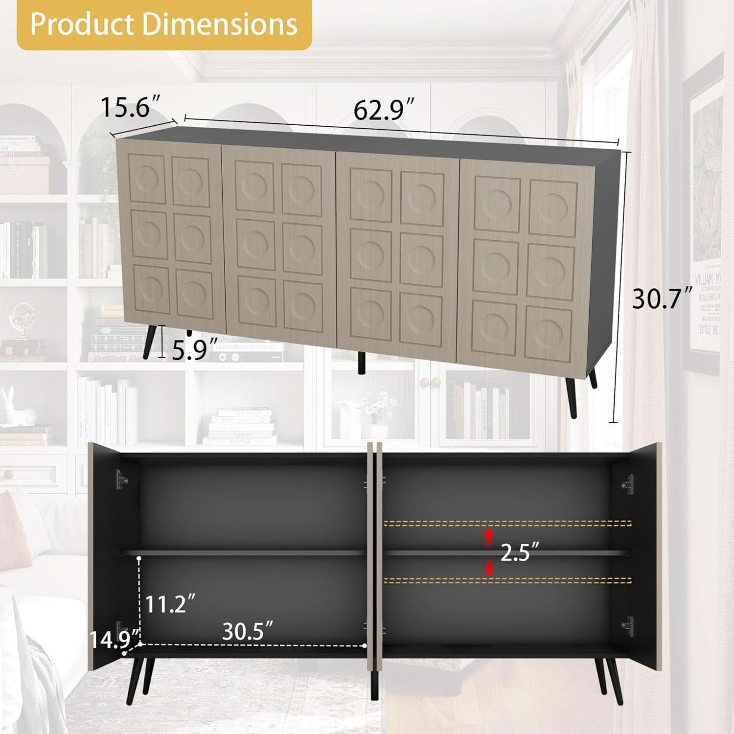 63 Inch Oak And Black Mid Century Modern Sideboard